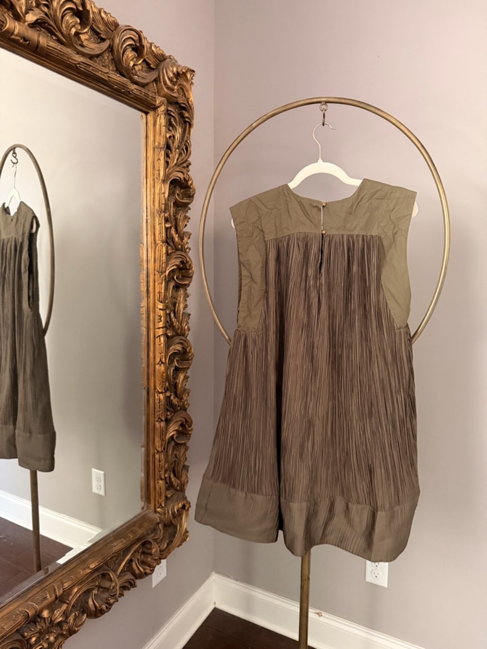 Anthropologie Olive-Taupe Sleeveless Pleated Swing Dress - Picture 4 of 4